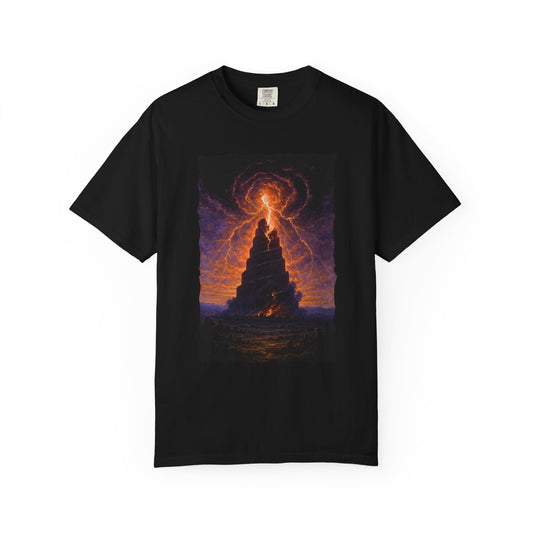Babel in Flames T-Shirt — Dark Fantasy Old Testament Judgment Design
