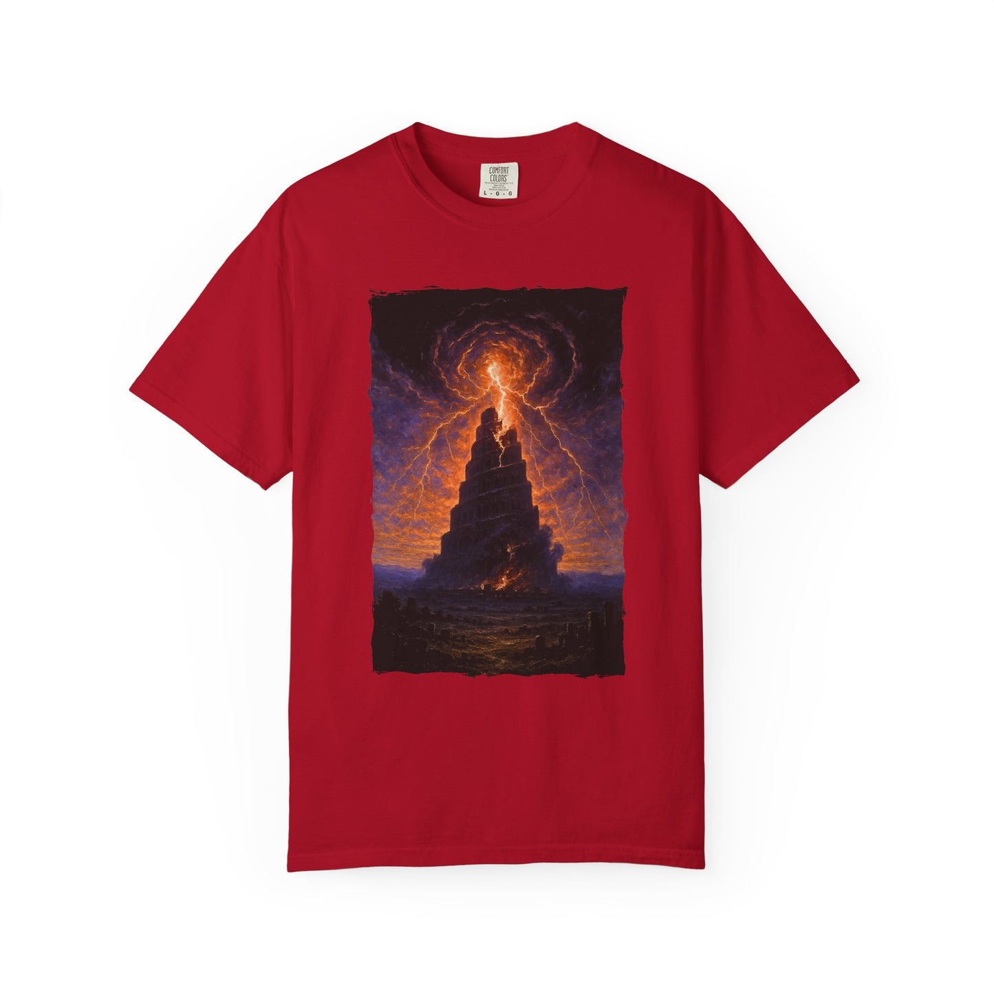 Babel in Flames T-Shirt — Dark Fantasy Old Testament Judgment Design