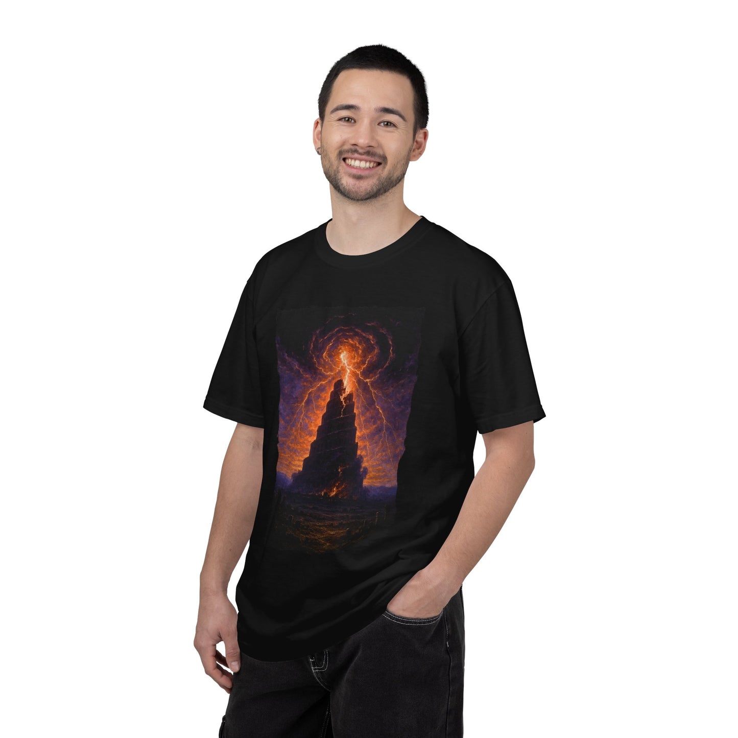 Babel in Flames T-Shirt — Dark Fantasy Old Testament Judgment Design